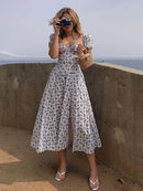 NewAsia Floral Print Dress Sweet Square Neck Puff Sleeve Side Spilt Drawstring Maxi Dresses for Women Party Chic Casual Outfits
