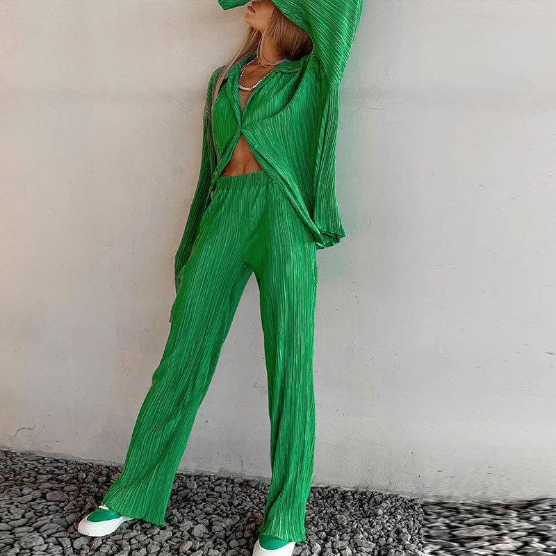 Ladies Shirt Suits Pleated Notched Single-Breasted Female Cardigan Two-Piece Loose Shirts and High-Waist Wide-Leg Pants Sets