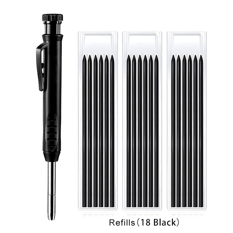 Solid Carpenter Pencil with Refill Leads and Built-in Sharpener for Deep Hole Mechanical Pencil Marker Marking Woodworking Tools
