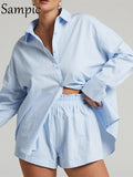 Sampic Women Blue Suit 2022 Casual Loose Long Sleeve Shirt Summer Tops And Mini Shorts Fashion Tracksuit Two Piece Set Outfits