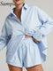 Sampic Women Blue Suit 2022 Casual Loose Long Sleeve Shirt Summer Tops And Mini Shorts Fashion Tracksuit Two Piece Set Outfits