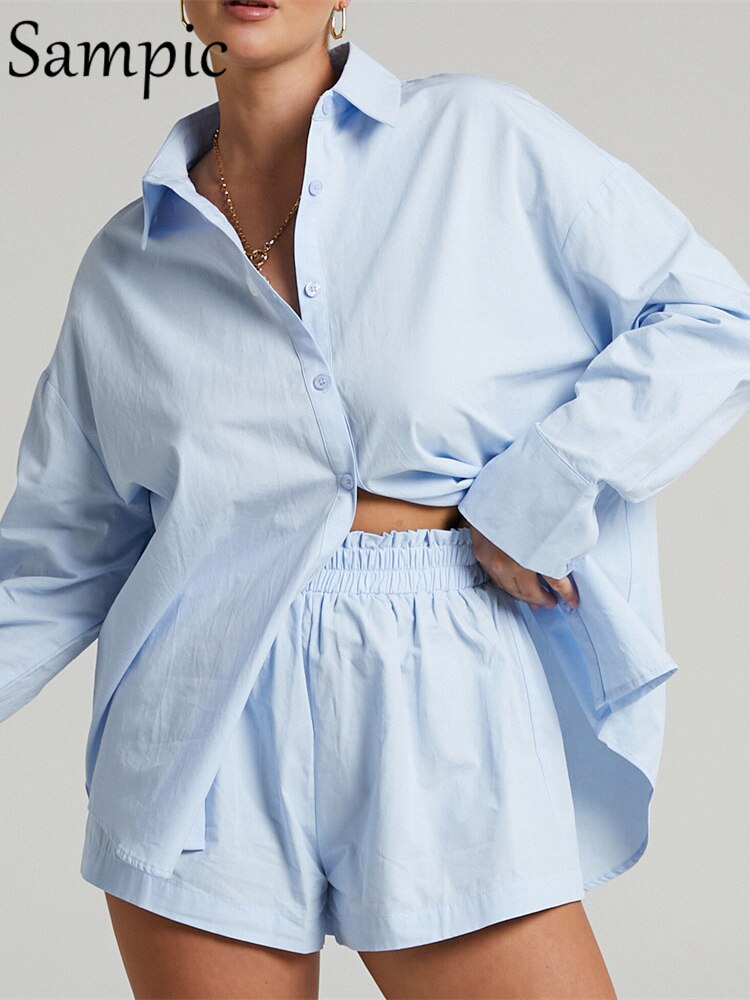 Sampic Women Blue Suit 2022 Casual Loose Long Sleeve Shirt Summer Tops And Mini Shorts Fashion Tracksuit Two Piece Set Outfits