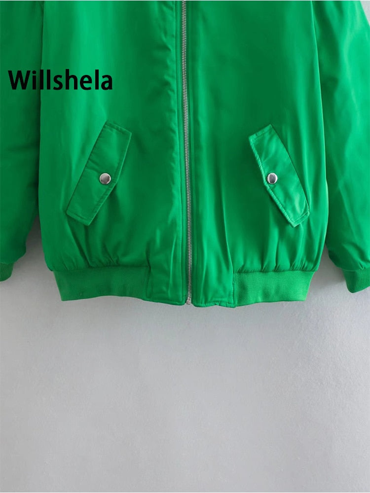 Willshela Women Fashion Oversized Bomber Jackets Coat With Pockets Front Zipper Vintage O-Neck Long Sleeves Female Chic Outwears