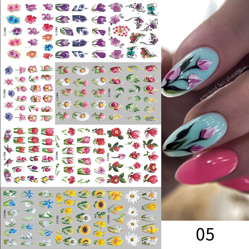 12 Designs Nail Stickers Set Mixed Floral Geometric Nail Art Water Transfer Decals Sliders Flower Leaves Manicures Decoration