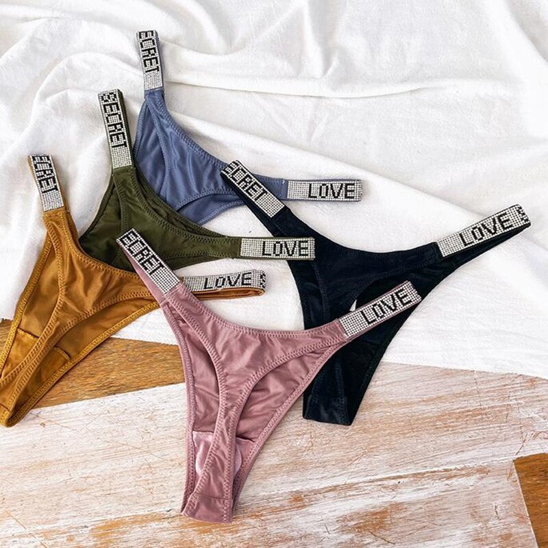 Sexy Women Pantie Crystal Rhinestone Letter Secret Underwear Fitness Gym Love Thongs Low Rise Tanga Female Push Up Lingerie