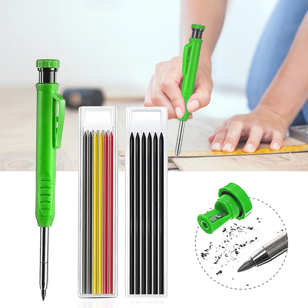 New Solid Carpenter Pencil Set Built-in Sharpener with 6 Refill Leads DeepHole Pencil Marking Tool Kit for Woodworking Architect