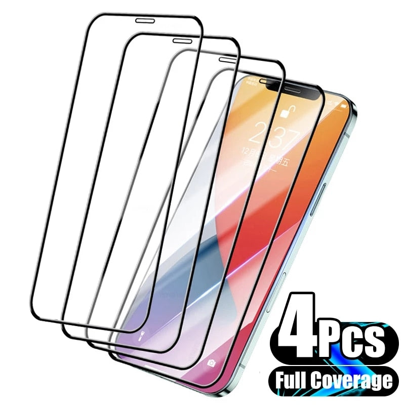 4Pcs Full Cover Protective Glass For iPhone 11 12 13 14 Pro Max Screen Protector For iPhone XS XR 6 7 8 Plus Tempered Glass Film