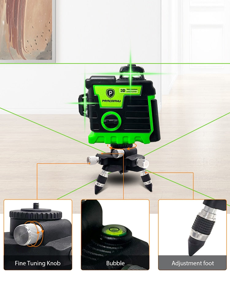 Pracmanu Laser Level 12 Lines 3D level Self-Leveling Horizontal and Vertical Cross Super Powerful Green Laser Beams