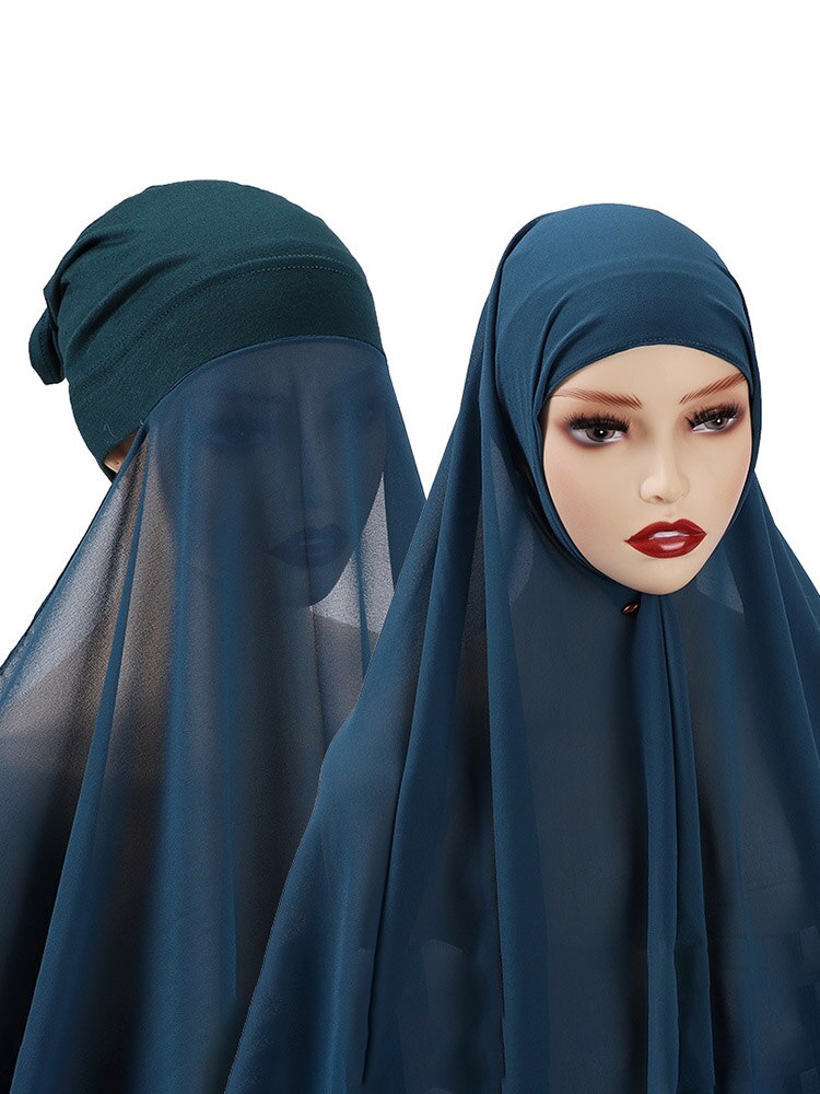 Instant Hijab With Cap Heavy Chiffon Jersey Hijab For Women Veil Muslim Fashion Islam Hijab Cap Scarf For Muslim Women Headscarf