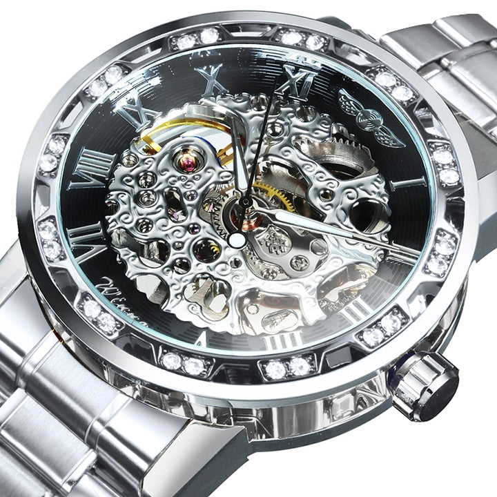 WINNER Transparent Skeleton Watch for Men Mechanical Wristwatches Diamond Watches Mens Luxury Stainless Steel Strap Unisex Clock