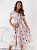 2022 Summer Balck White Print Dress Women Short Sleeve A-Line Midi Dress With Belt Bandage Party Dresses Vestidos Mujer Verano