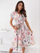 2022 Summer Balck White Print Dress Women Short Sleeve A-Line Midi Dress With Belt Bandage Party Dresses Vestidos Mujer Verano