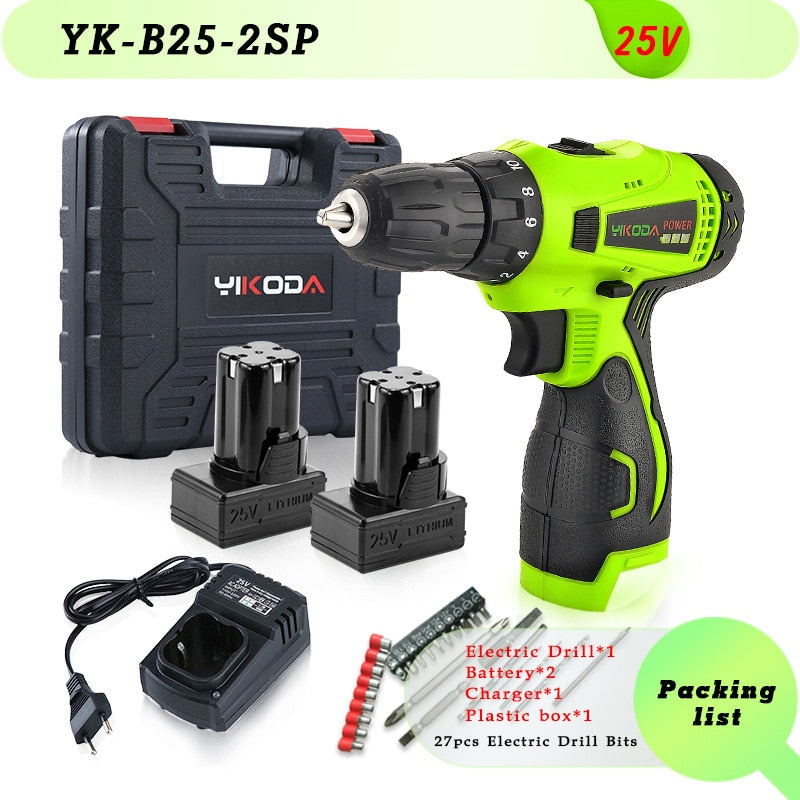 YIKODA 12V 16.8V 21V 25V Electric Screwdriver Cordless Drill Rechargeable Lithium Battery Mini Wireless Power Driver Tools