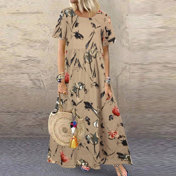 Vintage Floral Long Dress Women Summer Elegant Linen Short Sleeve Boho Maxi Dress Female Holiday Sundress Party Dresses Vestidos