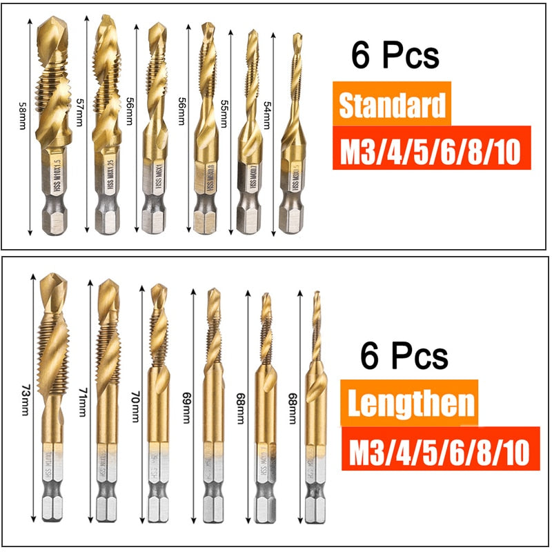 6Pcs M3-M10 Hex Shank Titanium Plated HSS Screw Thread Metric Tap Drill Bits Screw Machine Compound Thread Hand Tools