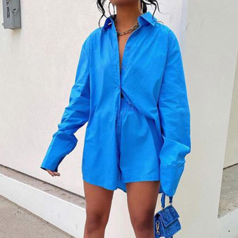 Women Casual Tracksuit Shorts Set Summer Long Sleeve Shirt Tops And Mini Drawstring Shorts Suit Lounge Wear Two Piece Set