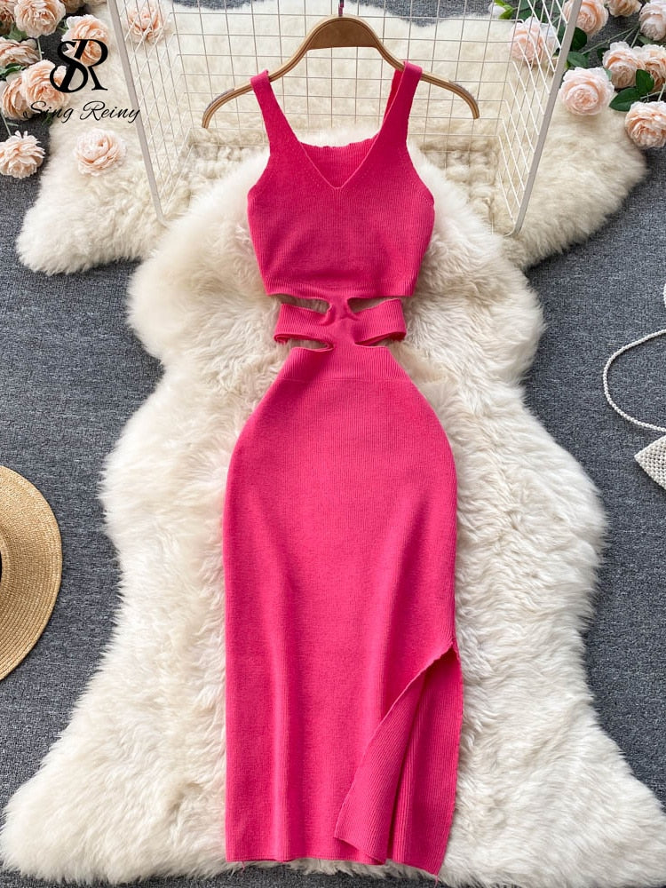 SINGREINY Summer Knit Sexy Strap Dress Women Hollow Out Elatic Waist Bodycon Sundress Female Beach Split Backless Long Dress