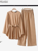 Women Autumn Blouses ZANZEA Fashion Muslim Sets Long Sleeve Turkish Blouses Pants Abaya Solid Islamic Clothing 2PCS Oversized