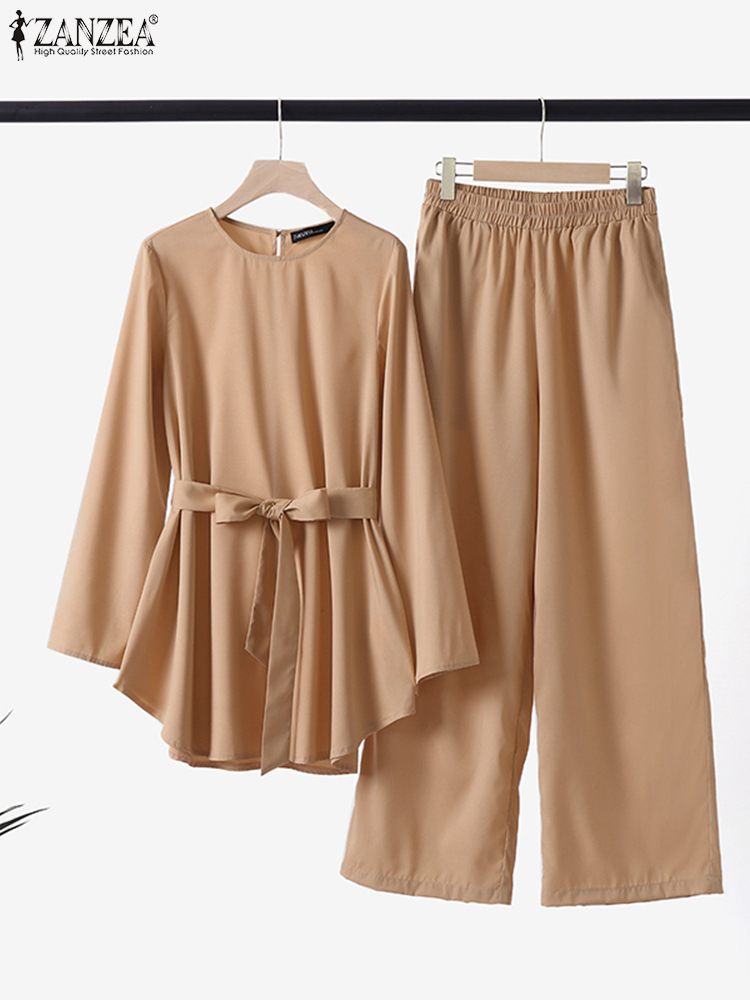 Women Autumn Blouses ZANZEA Fashion Muslim Sets Long Sleeve Turkish Blouses Pants Abaya Solid Islamic Clothing 2PCS Oversized