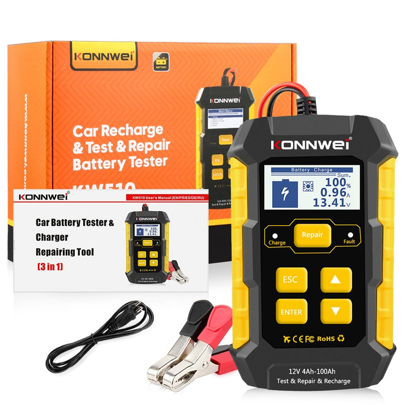 KONNWEI KW510 Car Battery Tester Full Automatic 12V Car Battery Repair Tool Load Cranking Battery Charger Detect Tool PK BM550