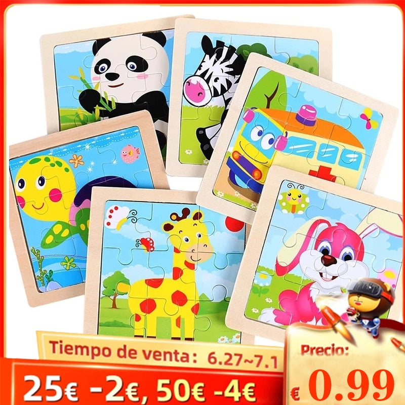 11X11CM Kids Wooden Puzzle Toy Vehicle Animal Jigsaw Cartoon Animal Traffic Tangram Toys Educational Toys Puzzles for Kids Gifts