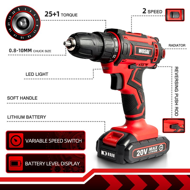WOSAI New 20V Cordless Drill Electric Screwdriver Mini Wireless Power Driver DC Lithium-Ion Battery 3/8-Inch 2 Speed Power Tools