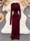 SINGREINY Women Korean Knitted Dress Long Sleeve V Neck Elastic Slim Pencil Dresses 2021 Autumn Sexy Bodycon Split Sweater Dress