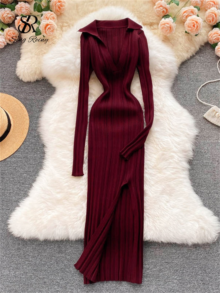 SINGREINY Women Korean Knitted Dress Long Sleeve V Neck Elastic Slim Pencil Dresses 2021 Autumn Sexy Bodycon Split Sweater Dress