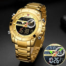 NAVIFORCE Luxury Original Men Sports Wrist Watch Gold Quartz Steel Waterproof Dual Display Clock Watches Relogio Masculino 9163
