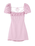 XNWMNZ women white fashion linen blend dress female square neck short puff sleeves backless crossover straps dress for women's