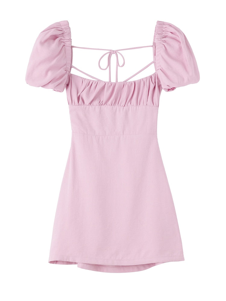 XNWMNZ women white fashion linen blend dress female square neck short puff sleeves backless crossover straps dress for women's