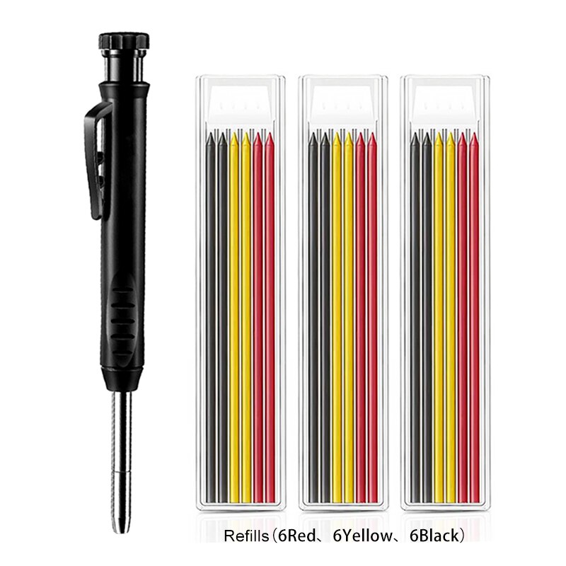 Solid Carpenter Pencil with Refill Leads and Built-in Sharpener for Deep Hole Mechanical Pencil Marker Marking Woodworking Tools