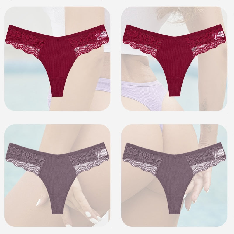 4PCS/Set Sexy Women Cotton Panties Lace Thong Underwear for Female Intimates Lingerie T-Back Floral Hollow Out Plus Size Panties