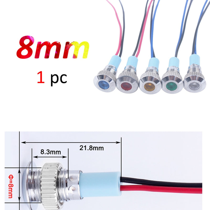 1pc 6mm 8mm 10mm 12mm Metal LED Warning indicator light Waterproof IP67 Signal Lamp Pilot Wires switch 3V 5V 12V 220V Red Blue