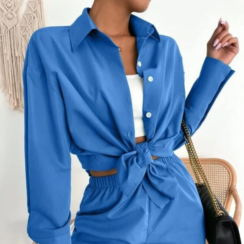 Print Shorts Suits Woman Vintage Long Sleeve Shirt And Short Pants Suit Two Piece Set Female Casual Outfit