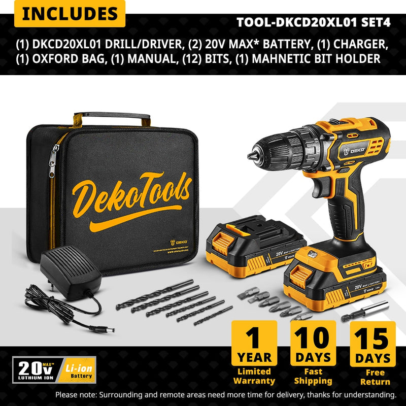 DEKO 20V MAX Cordless Drill Power Tools Wireless Drills Rechargeable Drill Set for Electric Screwdriver Battery Driller Tool