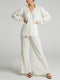 Ladies Shirt Suits Pleated Notched Single-Breasted Female Cardigan Two-Piece Loose Shirts and High-Waist Wide-Leg Pants Sets