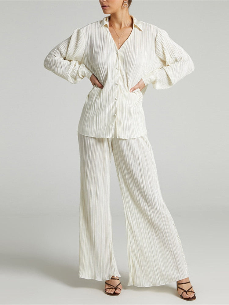 Ladies Shirt Suits Pleated Notched Single-Breasted Female Cardigan Two-Piece Loose Shirts and High-Waist Wide-Leg Pants Sets