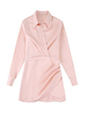 TRAF Women Fashion With Gathered Satin Mini Dress Vintage V Neck Long Sleeve Female Dresses Vestidos Mujer