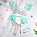 MeiKeDaiNicey Feather Sensual Lingerie Sexy Transparent Lace Bra with Chain Exotic Sets Porn 3 Piece Set Garters Erotic Costumes