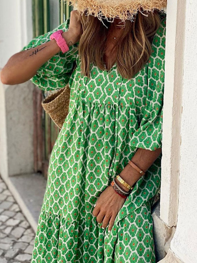 Boho Maxi Dress Women Floral Print Summer Holiday Beach Dress Female Short Puff Sleeve Loose Sundress Green Vestidos Mujer