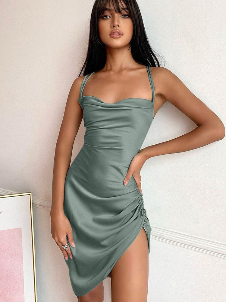 Dulzura Satin Women Strap Mini Dress Ruched Lace Up Cross Bandage Backless Bodycon Sexy Party Elegant 2020 Club Christmas Slim