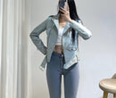 2022 New Spring Autumn Women Blue Faux Leather Jacket Ladies Solid With Belt Zipper Biker Coat Female Casual Outwear Veste Femme