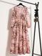 Women Elegant Floral Printed Long Dresses Spring Summer Casual O Neck Long Sleeve Ladies Chic High Waist A Line Beach Dresses