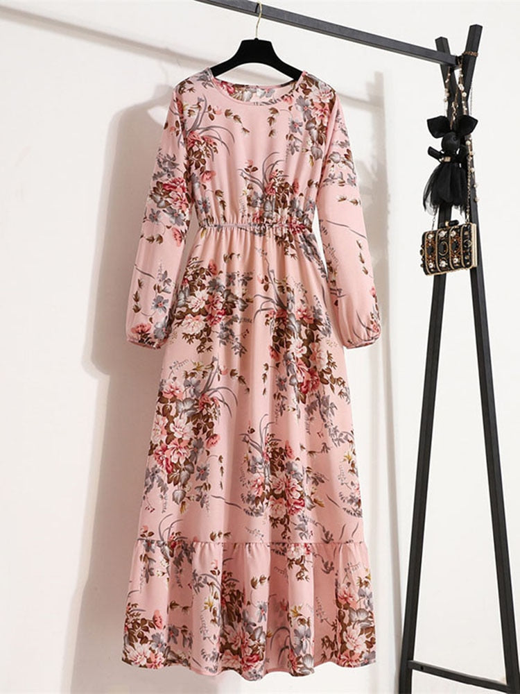 Women Elegant Floral Printed Long Dresses Spring Summer Casual O Neck Long Sleeve Ladies Chic High Waist A Line Beach Dresses
