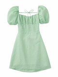 XNWMNZ women white fashion linen blend dress female square neck short puff sleeves backless crossover straps dress for women's