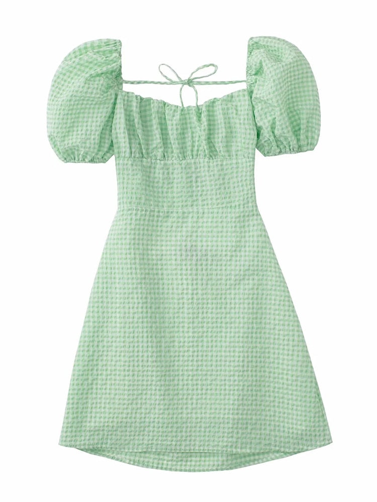 XNWMNZ women white fashion linen blend dress female square neck short puff sleeves backless crossover straps dress for women's