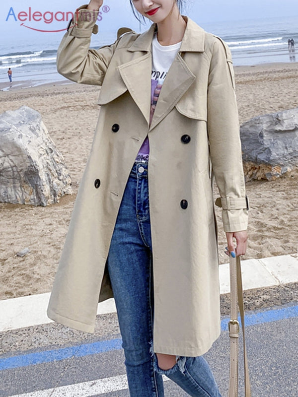 Aelegantmis Women Casual Long Trench Coat With Sashes Double Breasted Women's Windbreaker 2022 Chic Office Coat Ladies Outerwear