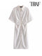 TRAF Women Chic Fashion Button-up Draped Midi Shirt Dress Vintage Short Sleeve Side Zipper Female Dresses Vestidos