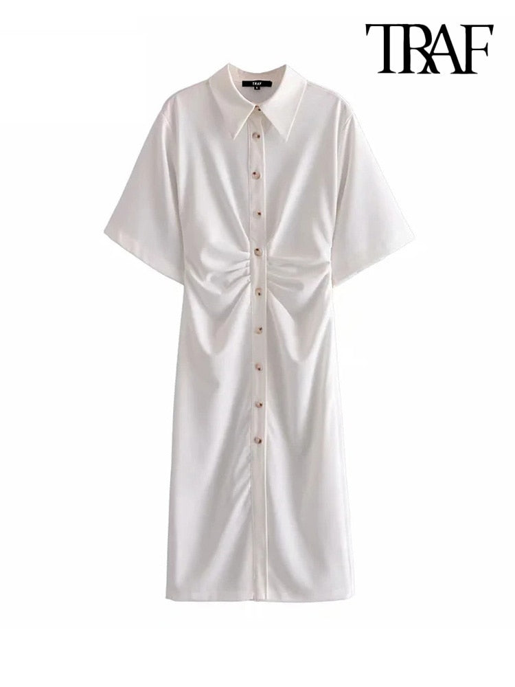 TRAF Women Chic Fashion Button-up Draped Midi Shirt Dress Vintage Short Sleeve Side Zipper Female Dresses Vestidos
